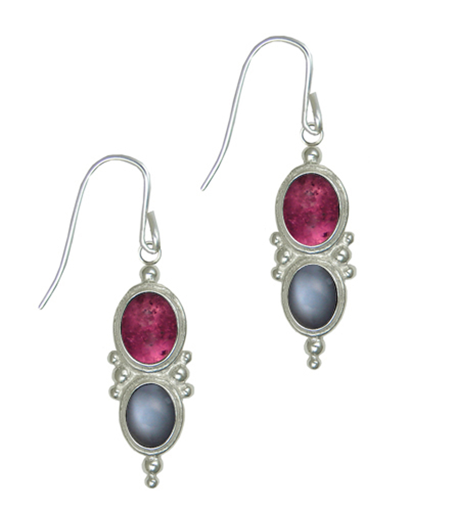 Sterling Silver Drop Dangle Earrings With Pink Tourmaline And Grey Moonstone